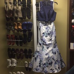 Two Piece Blue Floral Prom Dress